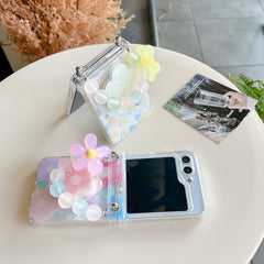 Pink and Yellow Flower Protective Case With Quicksand Stand For Galaxy Z Flip 3/Galaxy Z Flip 4/Galaxy Z Flip 5/Galaxy Z Flip 6