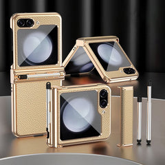 Galaxy Z Flip 3/Galaxy Z Flip 4/Galaxy Z Flip 5/Galaxy Z Flip 6 | Electroplated Leather Pen Tray Hinged Phone Case(Bring Pen)