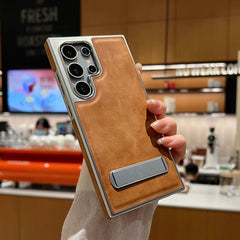 Luxury Leather Invisible Metal Bracket Holder Case For Samsung Galaxy S25 S24 S23 S22 Series