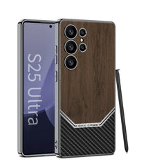 Electroplated Plain Leather Wood Grain Phone Case for Galaxy S25 Ultra(Only Case)
