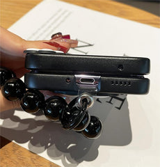 Cute Briquette Phone Case, Hinged Leather Grain Phone Case with Black Beaded Bracelet for Galaxy Z Flip 3/Galaxy Z Flip 4/Galaxy Z Flip 5/Galaxy Z Flip 6