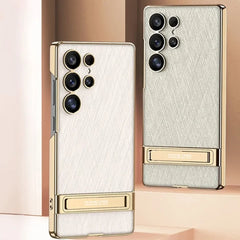 Electroplated Stand For Samsung Galaxy S25 S24 S23 Ultra Gold Wire Silver Brocade Leather Anti-Fall Protective Case(Only Case)