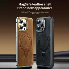 Genuine Leather Spring Buckle Case with Stand for iPhone 16/15/14 Pro Max – MagSafe Compatible, Metal Frame Protection