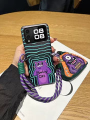 Funny Purple Cat Phone Case With Hand Strap And Big-Eyed Beast Green Wallet, Suitable For Galaxy Z Flip 3/Galaxy Z Flip 4/Galaxy Z Flip 5/Galaxy Z Flip 6