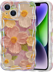 Colorful Retro Oil Painting Printed Flower Laser Glossy Pattern Cute Curly Waves Border Exquisite Phone Cover Case for iPhone