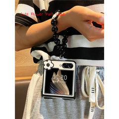 Cute Briquette Phone Case, Hinged Leather Grain Phone Case with Black Beaded Bracelet for Galaxy Z Flip 3/Galaxy Z Flip 4/Galaxy Z Flip 5/Galaxy Z Flip 6