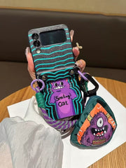 Funny Purple Cat Phone Case With Hand Strap And Big-Eyed Beast Green Wallet, Suitable For Galaxy Z Flip 3/Galaxy Z Flip 4/Galaxy Z Flip 5/Galaxy Z Flip 6