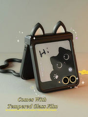 Cat Ears Black Cat Phone Case, Suitable For Galaxy Z Flip 3/Galaxy Z Flip 4/Galaxy Z Flip 5/Galaxy Z Flip 6
