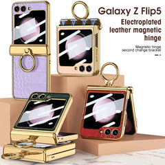 Magnetic hinge ring crocodile leather shell film full-cover protective case for Galaxy Z Flip 3/Galaxy Z Flip 4/Galaxy Z Flip 5/Galaxy Z Flip 6