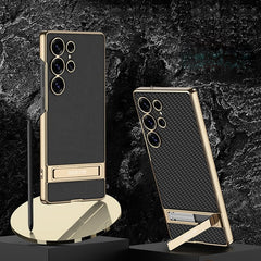 For Galaxy S25 S24 S23 Ultra Electroplated Leather Gear Adjustment Bracket Fine Hole Anti-Fall Protective Cover(Only Case)