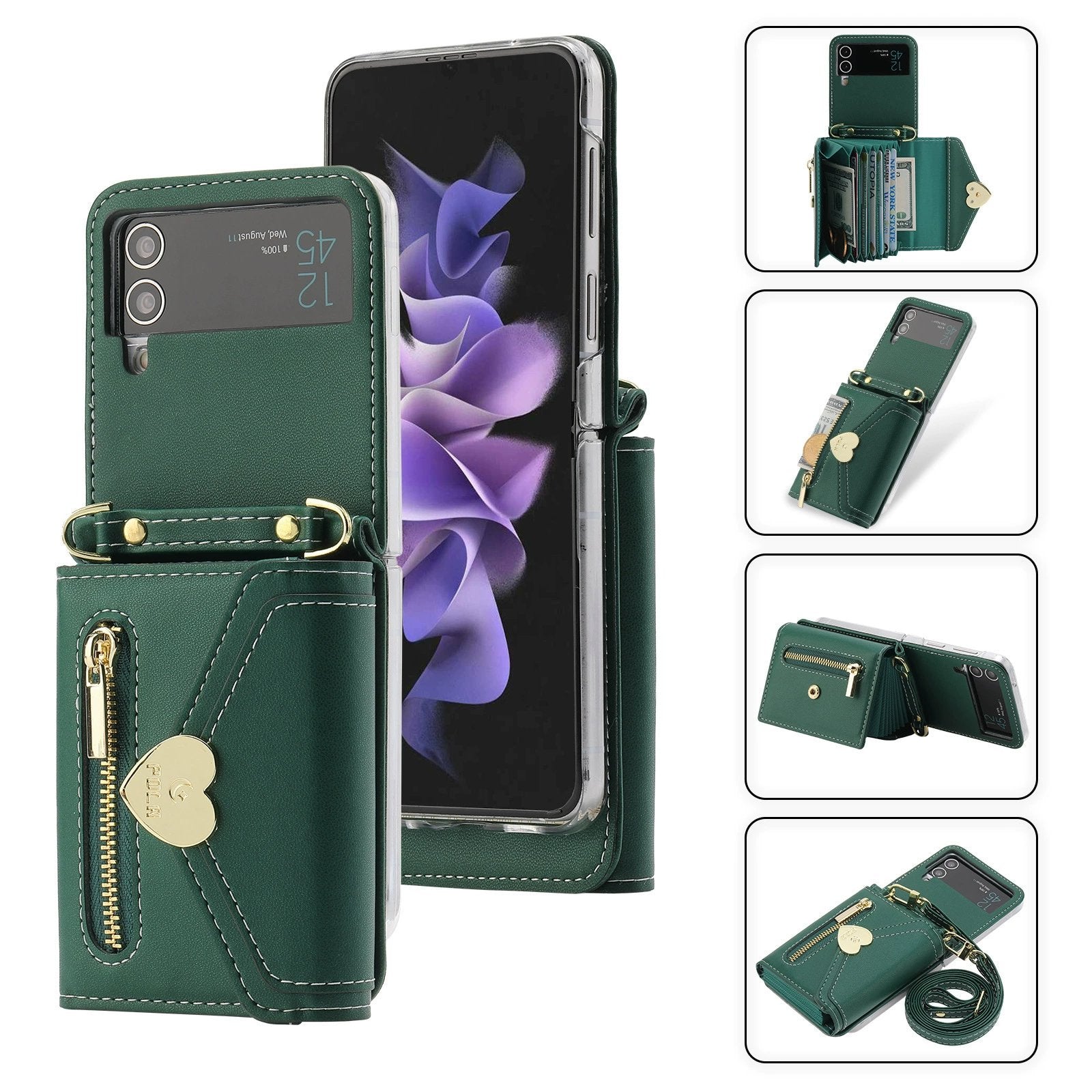 Heart Crossbody Card Holder Phone Case, Compatible with Galaxy Z Flip 3/Galaxy Z Flip 4/Galaxy Z Flip 5/Galaxy Z Flip 6