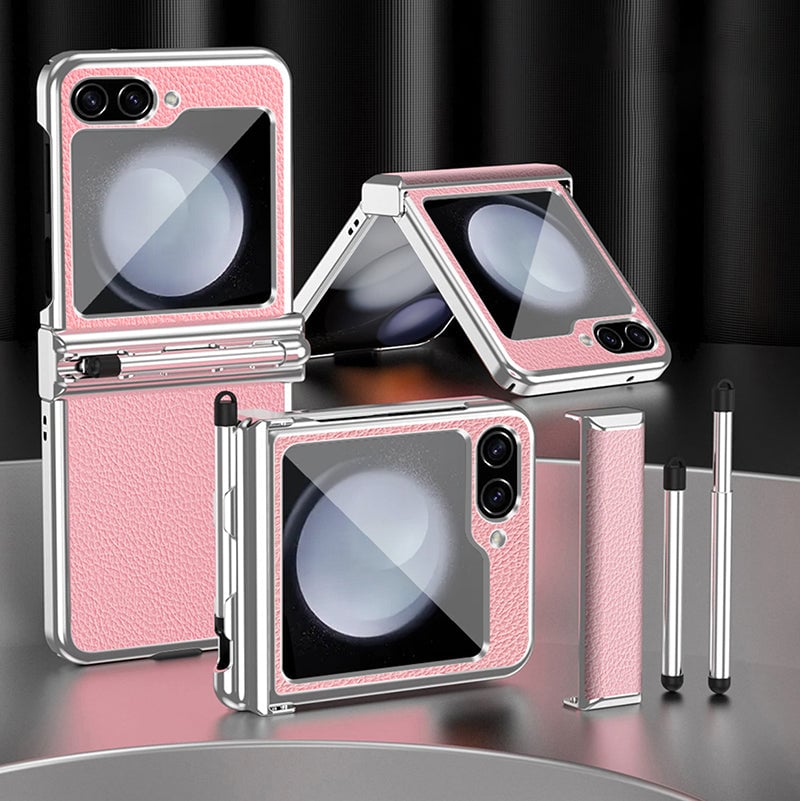 Galaxy Z Flip 3/Galaxy Z Flip 4/Galaxy Z Flip 5/Galaxy Z Flip 6 | Electroplated Leather Pen Tray Hinged Phone Case(Bring Pen)