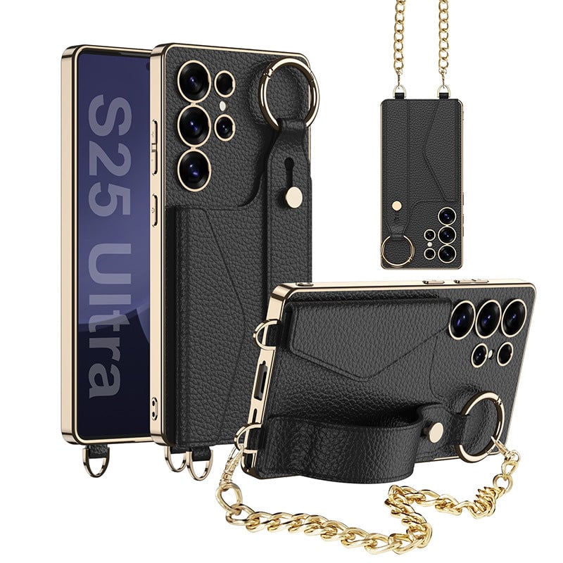 Suitable For Samsung Galaxy S25 S24 S23 Ultra Electroplated Leather Wristband Card Holder Mobile Phone Case
