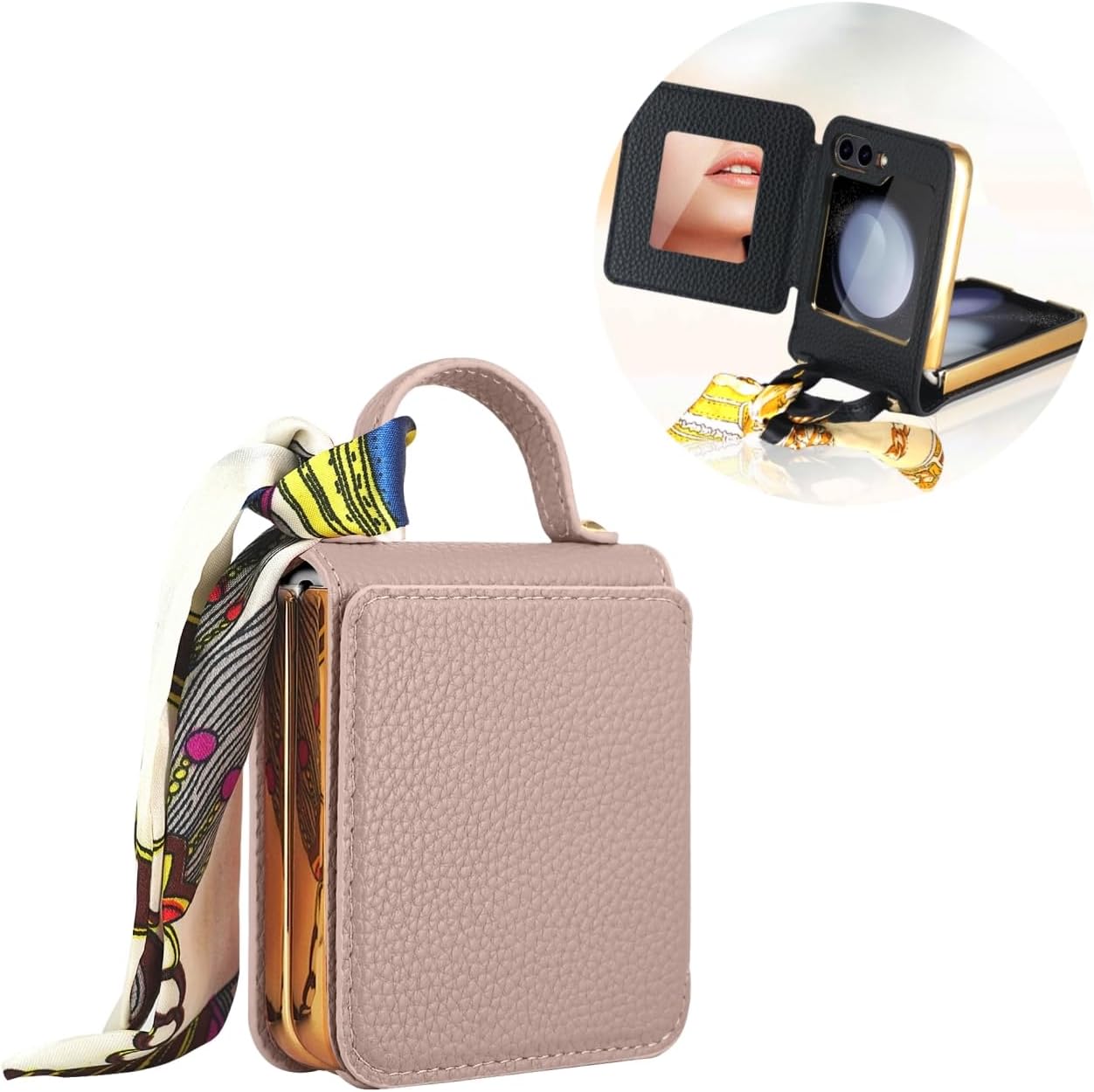 Mobile phone case for Galaxy Z Flip 3 / Galaxy Z Flip 4 / Galaxy Z Flip 5 / Galaxy Z Flip 6, mobile phone leather case with mirror and scarf