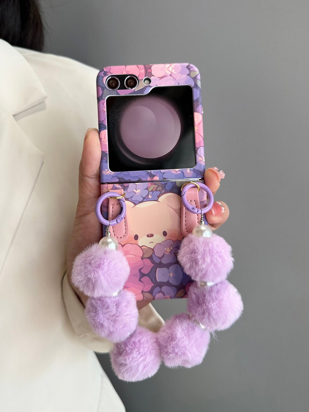 Purple Bear Phone Case with Plush Bracelet For Galaxy Z Flip 3/Galaxy Z Flip 4/Galaxy Z Flip 5