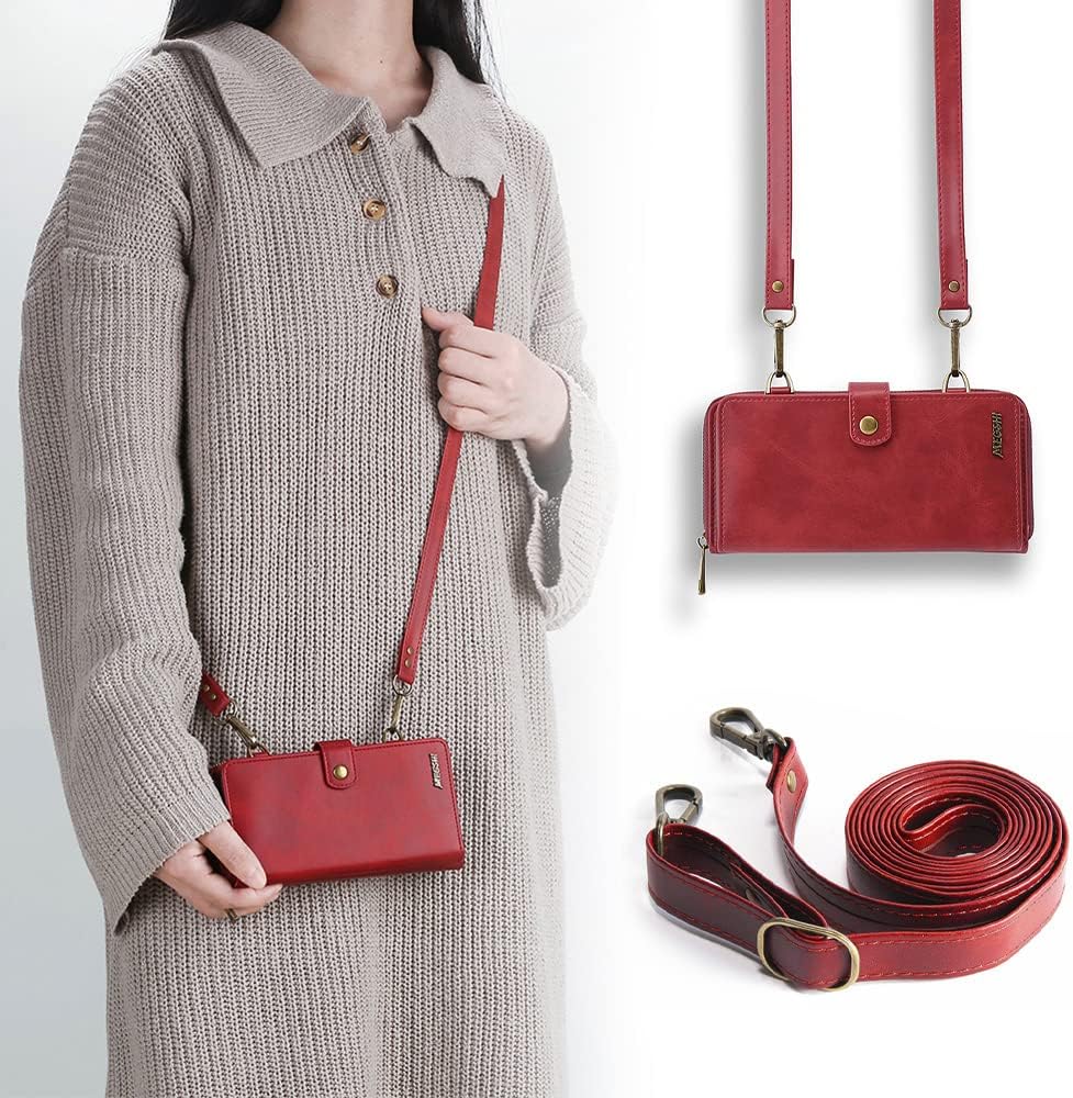 TwoHead for iPhone Wallet Case, Multi-Function Detachable 3 in 1 Magnetic Phone Case Wallet, Flip Strap Zipper Card Holder Phone Case with Shoulder Straps for iPhone