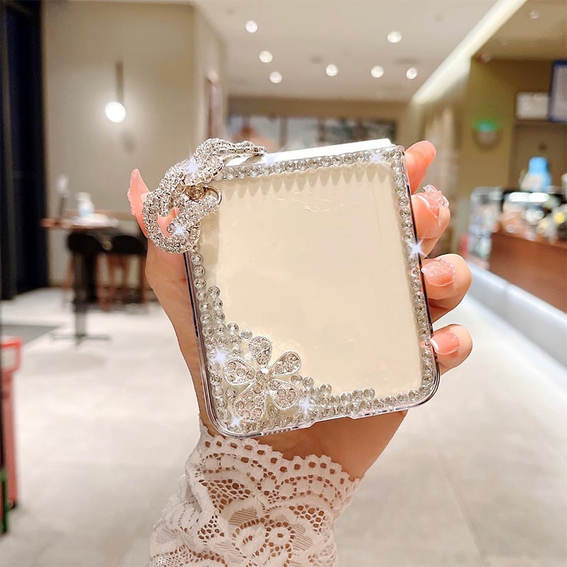 Glitter Rhinestone Flower and Luxury Pearl Flower Phone Case for Galaxy Z Flip 3/Galaxy Z Flip 4/Galaxy Z Flip 5/Galaxy Z Flip 6 with Bracelet