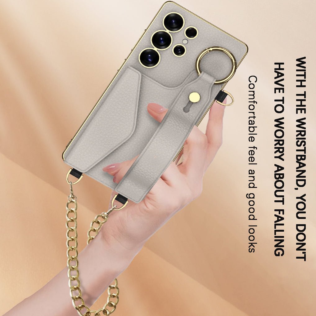 Suitable For Samsung Galaxy S25 S24 S23 Ultra Electroplated Leather Wristband Card Holder Mobile Phone Case