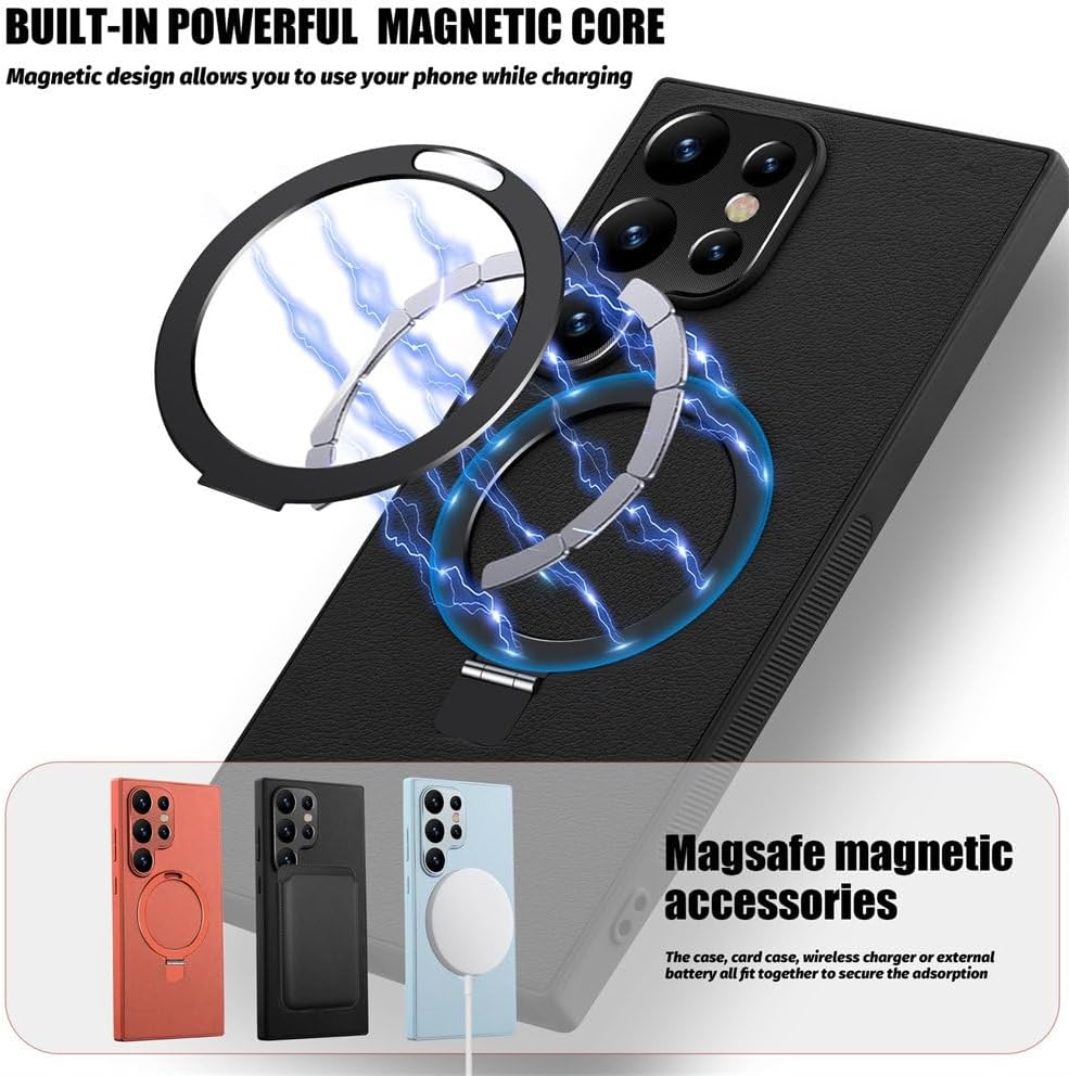 Leather Phone Case with Magnetic Metal Holder for Galaxy S24 S23 S22 Series, Support Wireless Charging