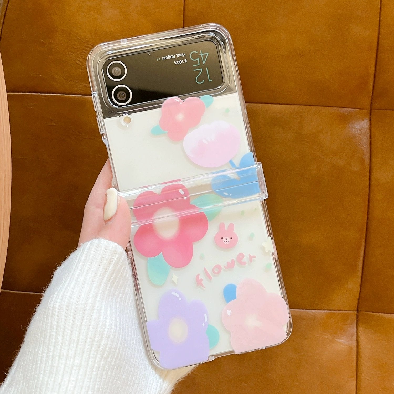 Pink and Yellow Flower Protective Case With Quicksand Stand For Galaxy Z Flip 3/Galaxy Z Flip 4/Galaxy Z Flip 5/Galaxy Z Flip 6