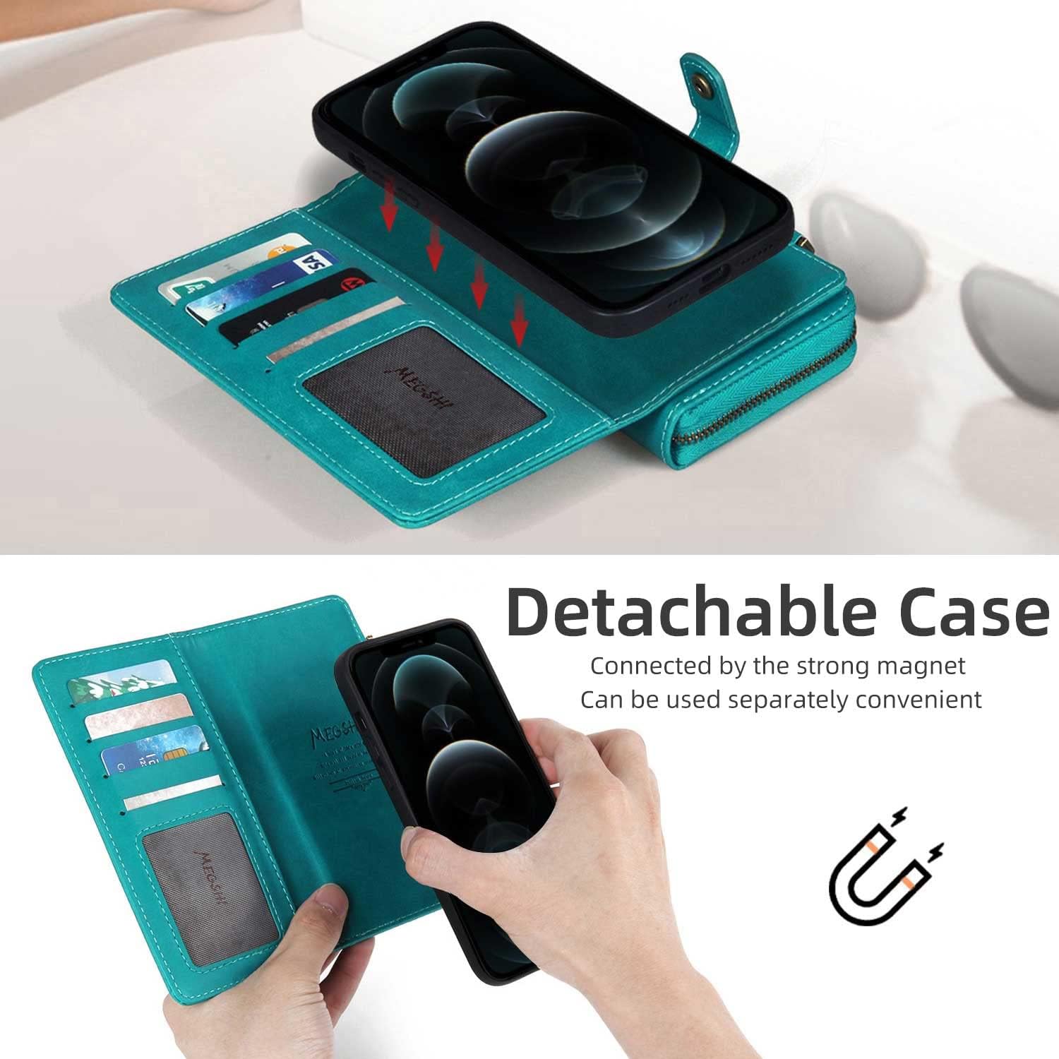 TwoHead for iPhone Wallet Case, Multi-Function Detachable 3 in 1 Magnetic Phone Case Wallet, Flip Strap Zipper Card Holder Phone Case with Shoulder Straps for iPhone