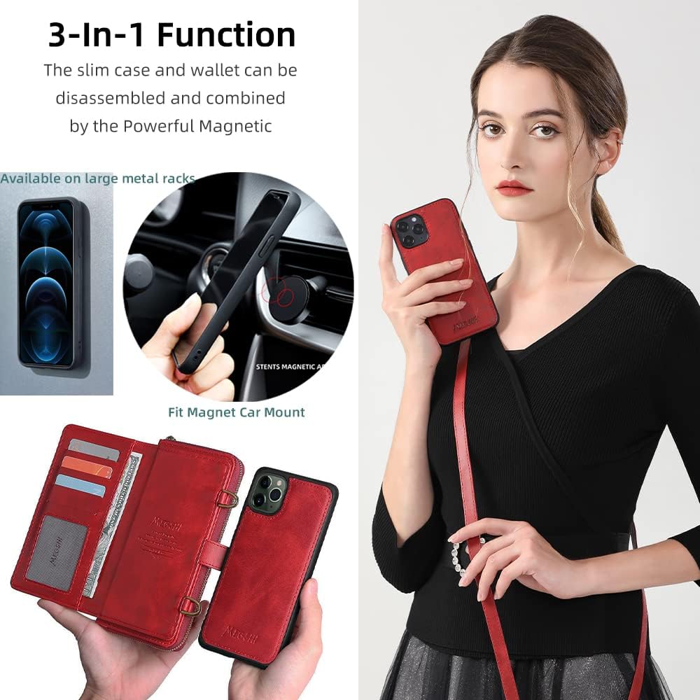 TwoHead for iPhone Wallet Case, Multi-Function Detachable 3 in 1 Magnetic Phone Case Wallet, Flip Strap Zipper Card Holder Phone Case with Shoulder Straps for iPhone