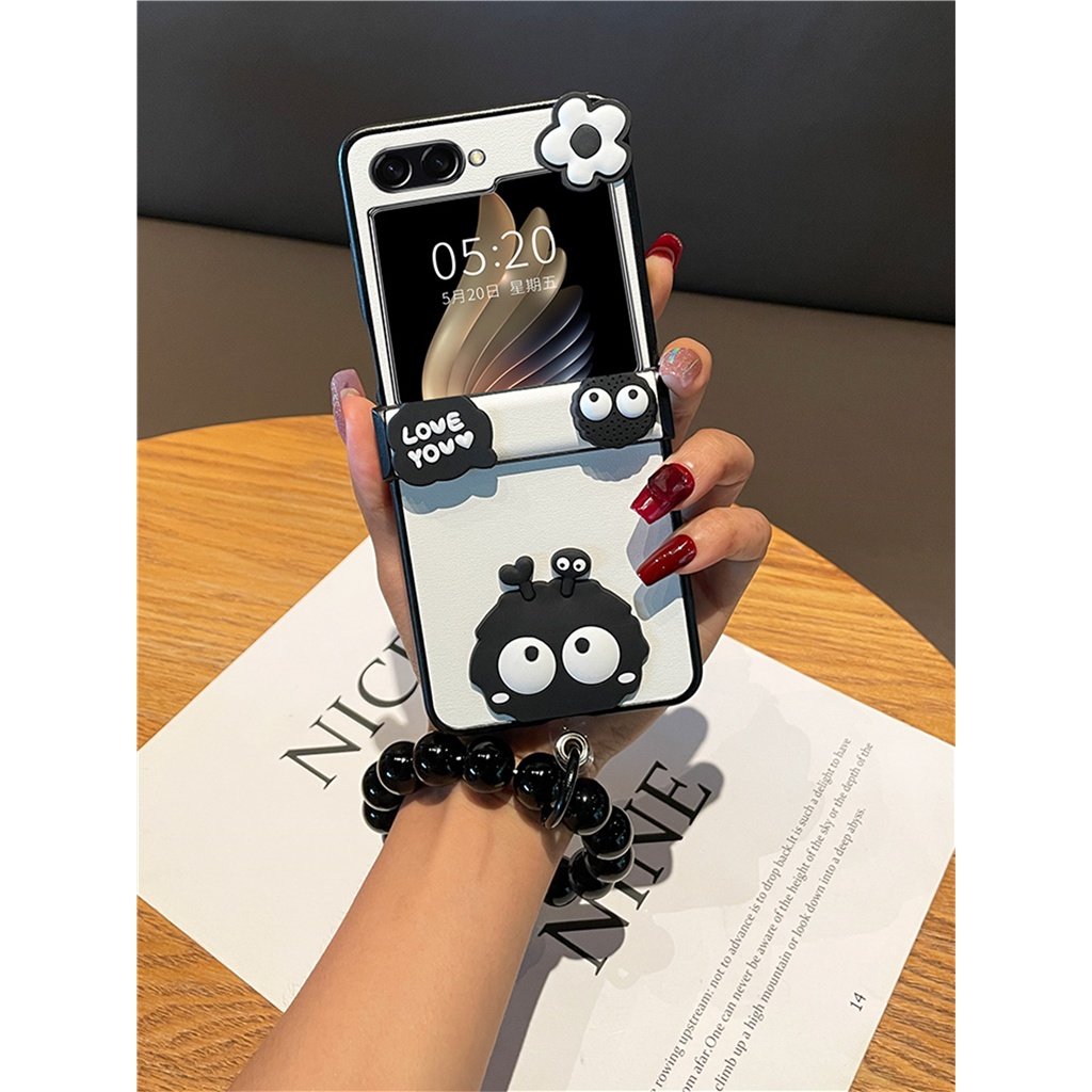 Cute Briquette Phone Case, Hinged Leather Grain Phone Case with Black Beaded Bracelet for Galaxy Z Flip 3/Galaxy Z Flip 4/Galaxy Z Flip 5/Galaxy Z Flip 6