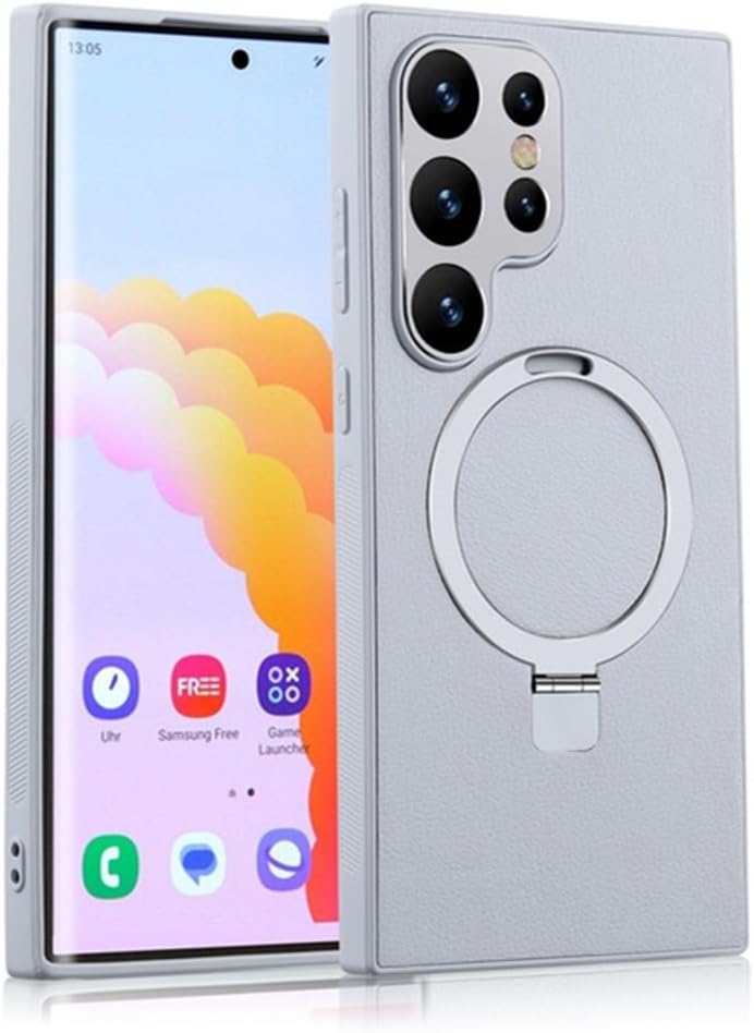 Leather Phone Case with Magnetic Metal Holder for Galaxy S24 S23 S22 Series, Support Wireless Charging