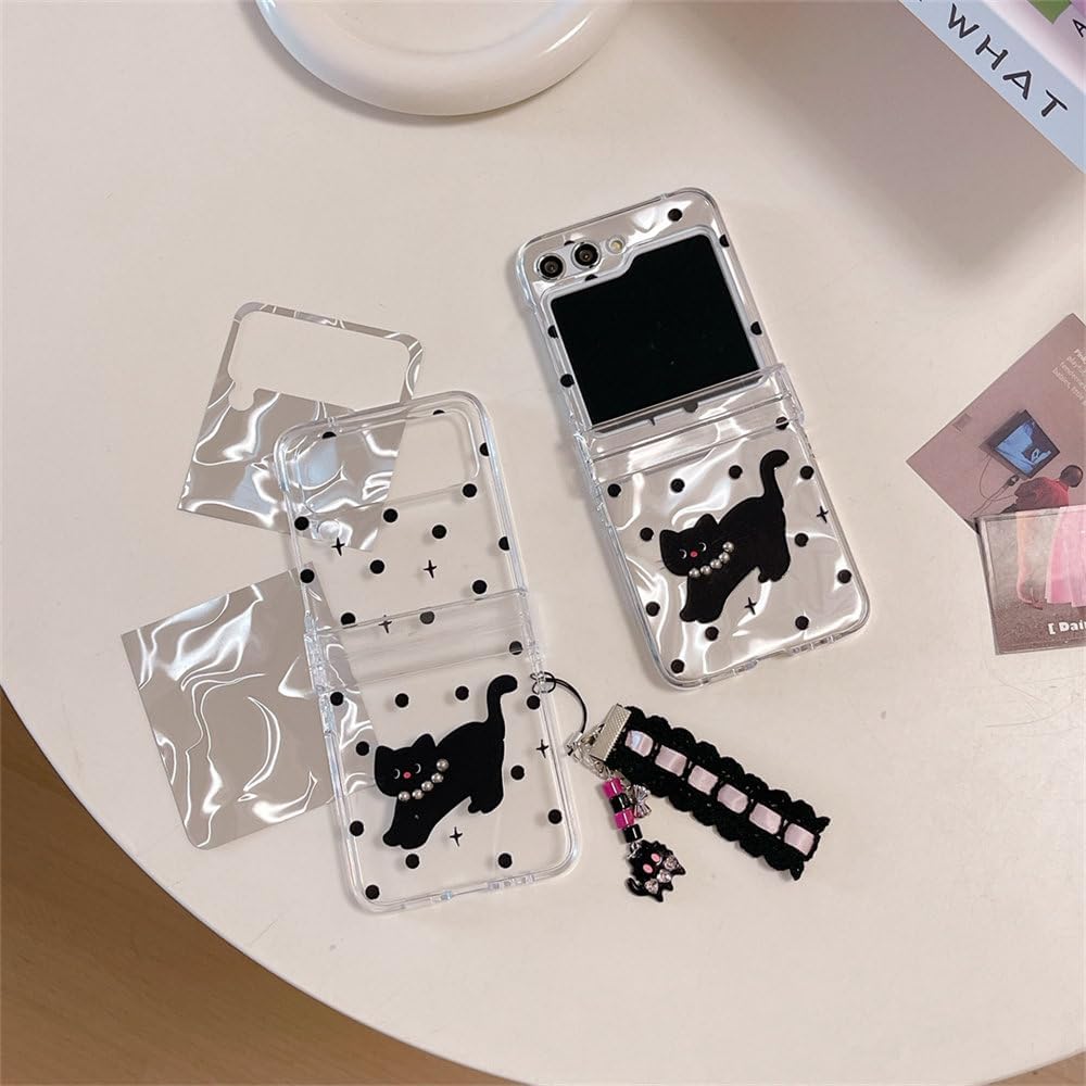 Simple cartoon polka dot black cat hard shell mobile phone case, suitable for Galaxy Z Flip 3/Galaxy Z Flip 4/Galaxy Z Flip 5/Galaxy Z Flip 6