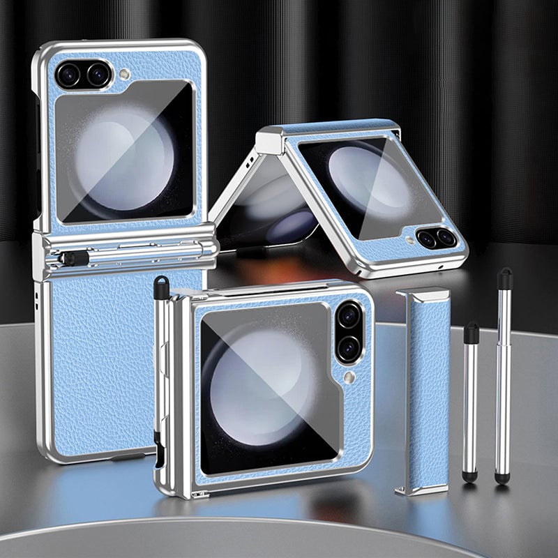 Galaxy Z Flip 3/Galaxy Z Flip 4/Galaxy Z Flip 5/Galaxy Z Flip 6 | Electroplated Leather Pen Tray Hinged Phone Case(Bring Pen)