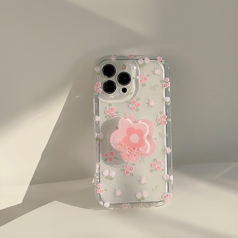 Floral Mobile Phone Case For iPhone 16/15/14/13/12/11 Series With Flower-shaped Quicksand Stand