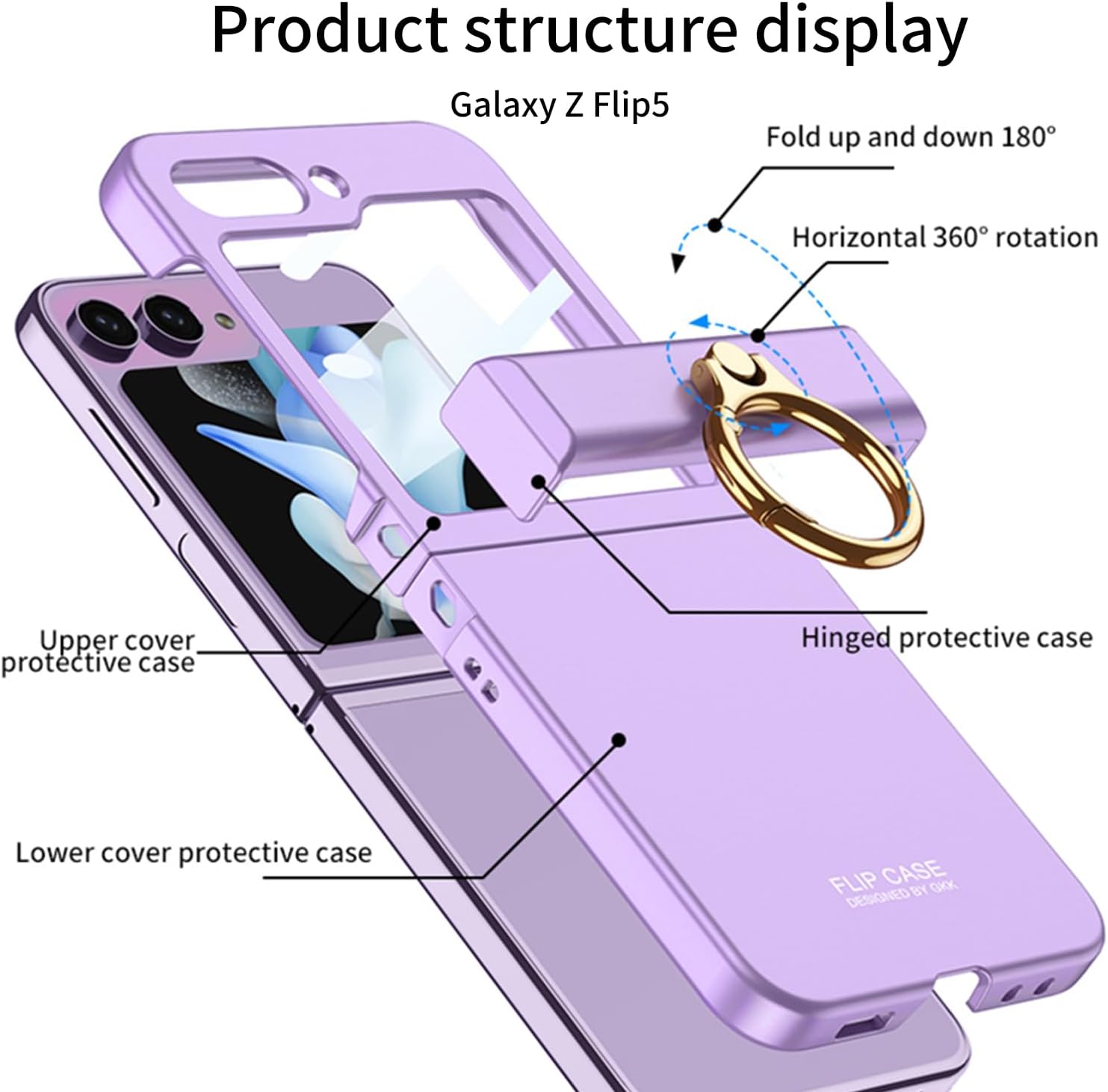 Ultra-thin mobile phone case with hinge ring holder and shell-film integrated for Galaxy Z Flip 5/Galaxy Z Flip 6, drop-proof