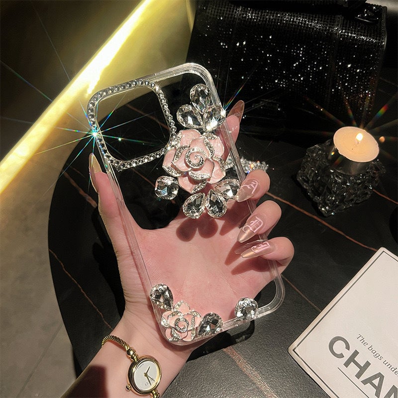 Hollow Rhinestone Rose Mobile Phone Case For iPhone 16 15 14 13 12 11 Series