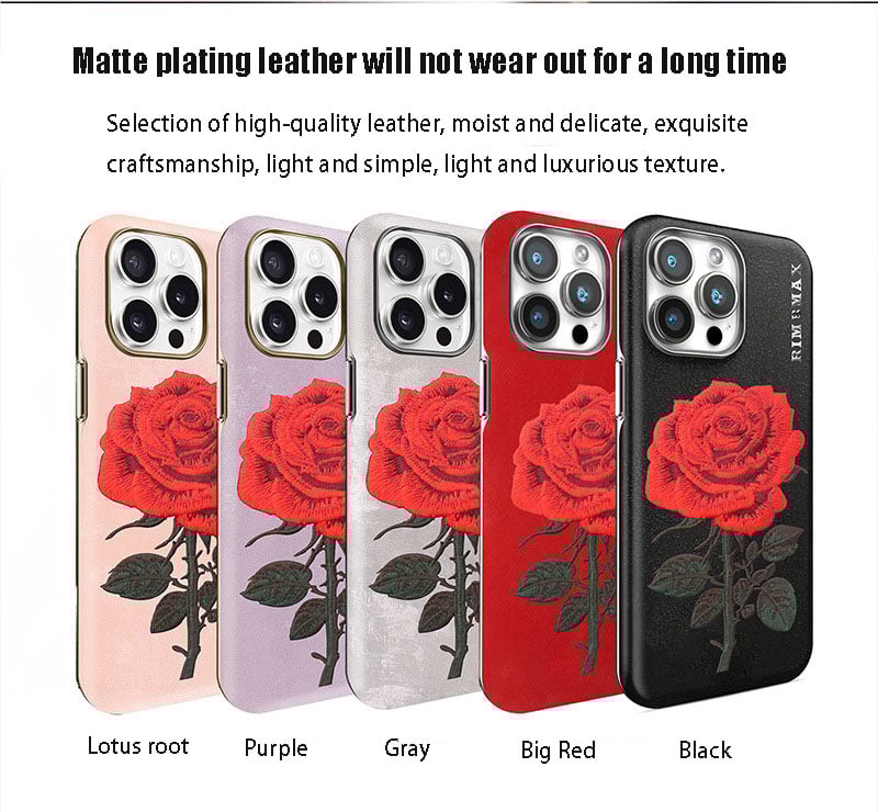 For iPhone Embroidery Phone Case Electroplated Rose Embroidery Leather Case