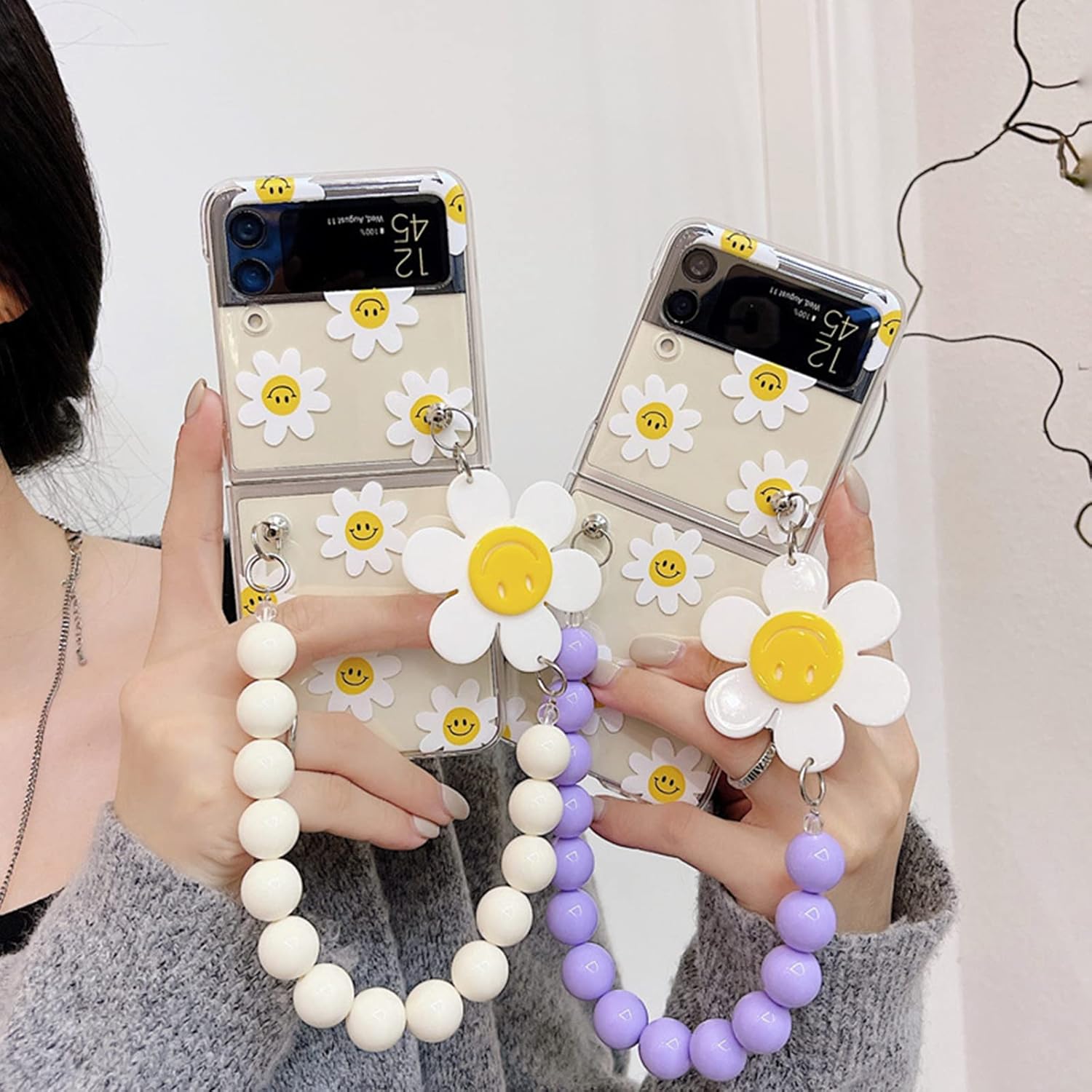Cute Sunflower Clear Phone Case with Wrist Strap for Galaxy Z Flip 3/4/5/6 | Hard PC Anti-Scratch Protective Cover