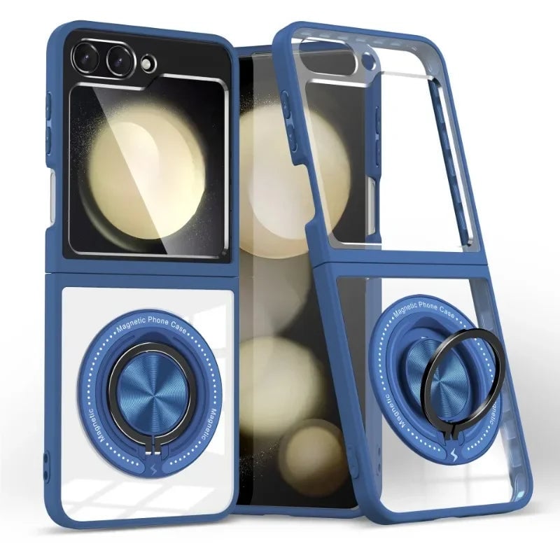 Transparent phone case with 360° rotating ring stand and magnetic wireless charging support for Galaxy Z Flip 5 and Galaxy Z Flip 6