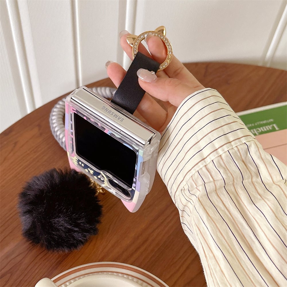 Cute 3D Cat Ear Graffiti Cat Phone Case, Suitable for Galaxy Z Flip 3/Galaxy Z Flip 4/Galaxy Z Flip 5/Galaxy Z Flip 6