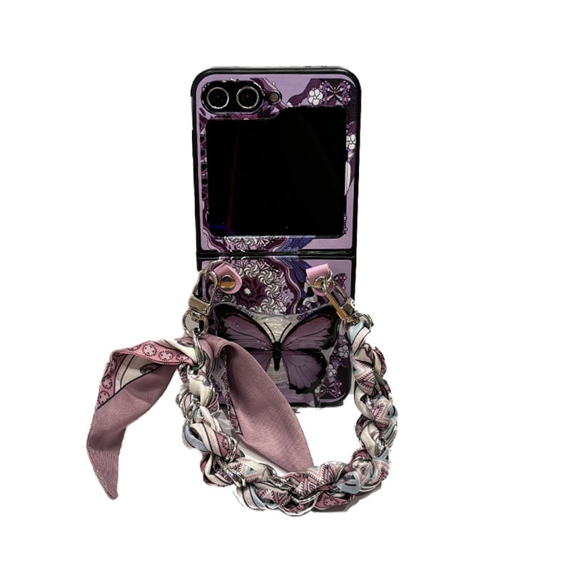 Taro Purple Butterfly Phone Case with Purple Butterfly Holder and Purple Houndstooth Scarf Chain, Compatible with Galaxy Z Flip 3/Galaxy Z Flip 4/Galaxy Z Flip 5/Galaxy Z Flip 6