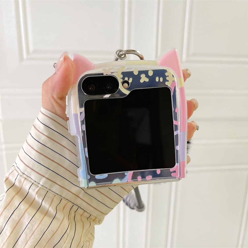 Cute 3D Cat Ear Graffiti Cat Phone Case, Suitable for Galaxy Z Flip 3/Galaxy Z Flip 4/Galaxy Z Flip 5/Galaxy Z Flip 6