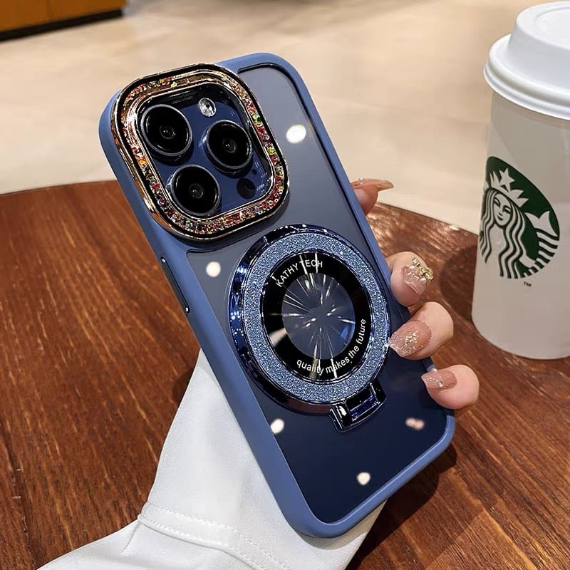 For iPhone 15/14/13/12 series dot diamond lens, glitter magnetic ring holder mobile phone case