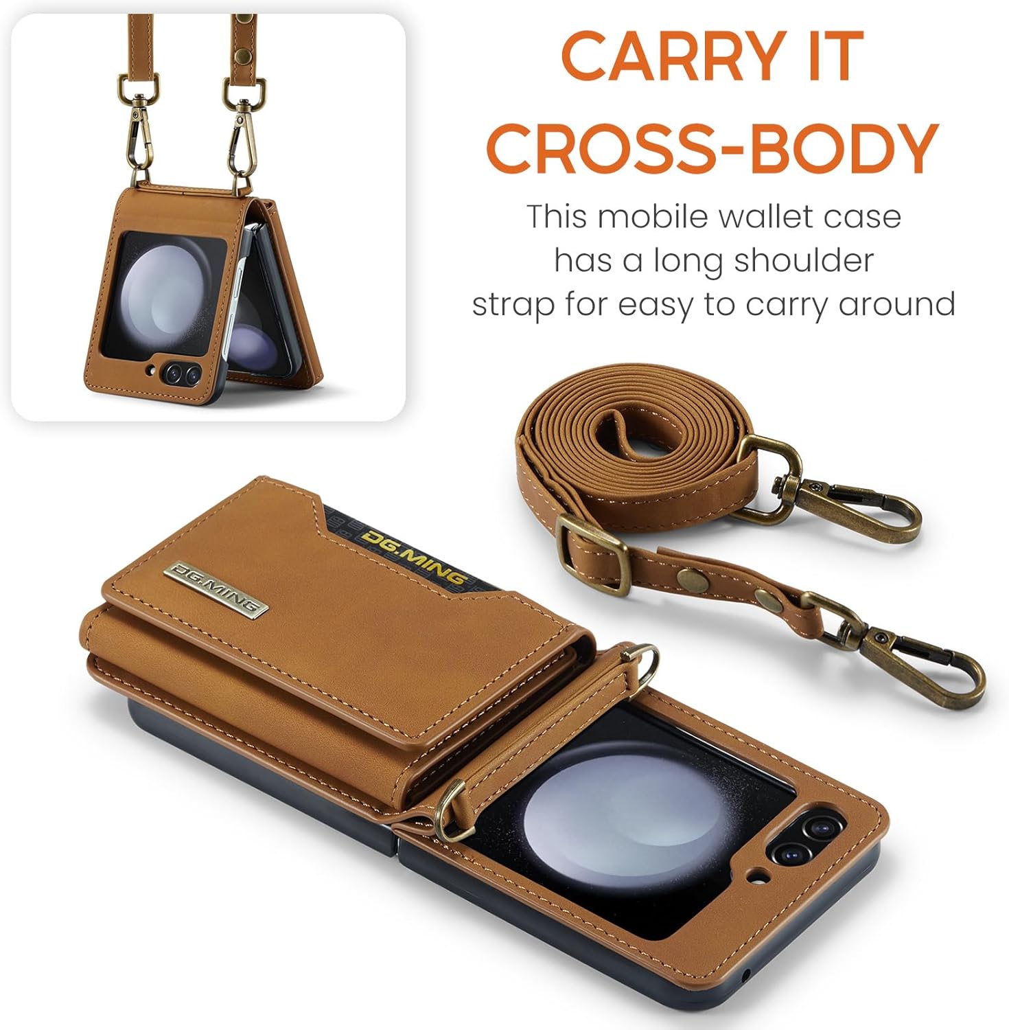 Wallet Case for Galaxy Z Flip 3/Galaxy Z Flip 4/Galaxy Z Flip 5/Galaxy Z Flip 6, Matte Leather, Protective Case with Card Slot Wallet and Shoulder Strap