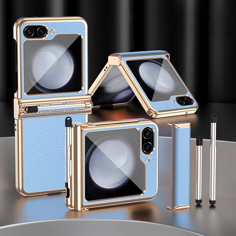 Galaxy Z Flip 3/Galaxy Z Flip 4/Galaxy Z Flip 5/Galaxy Z Flip 6 | Electroplated Leather Pen Tray Hinged Phone Case(Bring Pen)