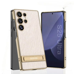 Electroplated Stand For Samsung Galaxy S25 S24 S23 Ultra Gold Wire Silver Brocade Leather Anti-Fall Protective Case(Only Case)