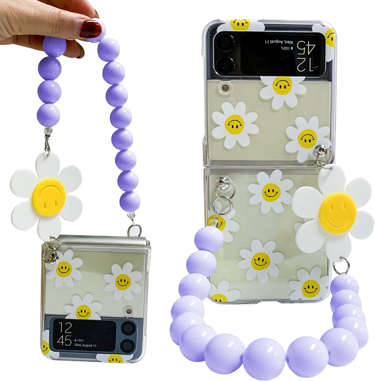 Cute Sunflower Clear Phone Case with Wrist Strap for Galaxy Z Flip 3/4/5/6 | Hard PC Anti-Scratch Protective Cover