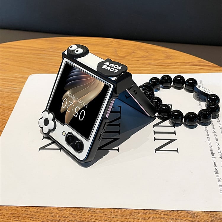 Cute Briquette Phone Case, Hinged Leather Grain Phone Case with Black Beaded Bracelet for Galaxy Z Flip 3/Galaxy Z Flip 4/Galaxy Z Flip 5/Galaxy Z Flip 6