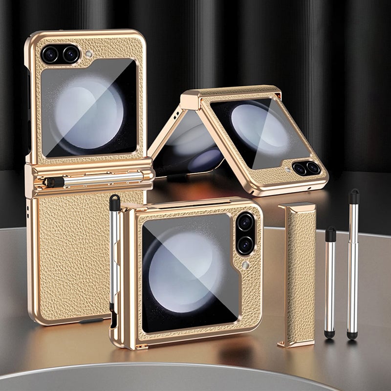 Galaxy Z Flip 3/Galaxy Z Flip 4/Galaxy Z Flip 5/Galaxy Z Flip 6 | Electroplated Leather Pen Tray Hinged Phone Case(Bring Pen)
