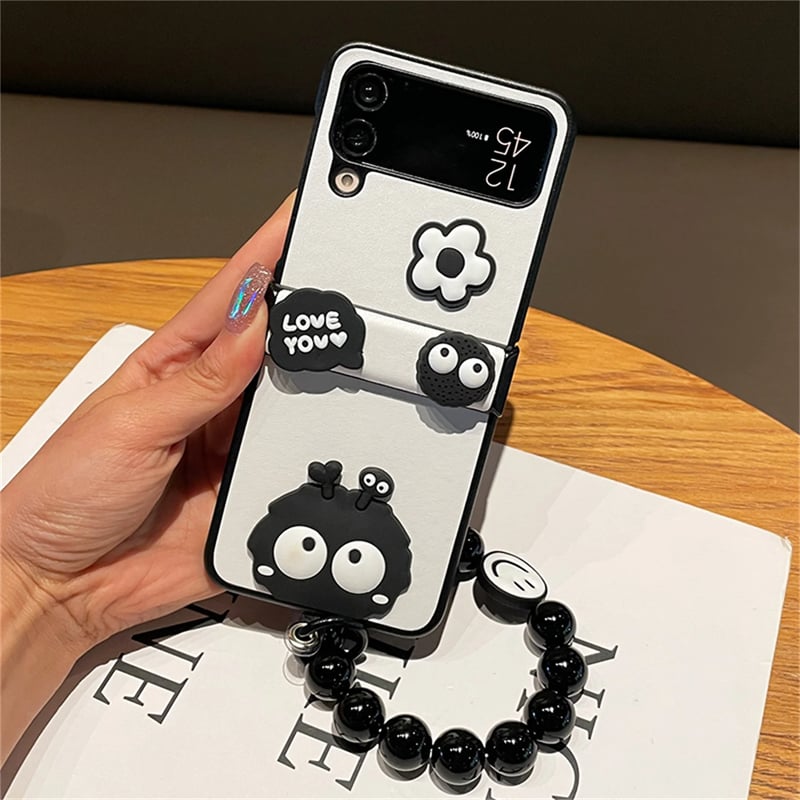 Cute Briquette Phone Case, Hinged Leather Grain Phone Case with Black Beaded Bracelet for Galaxy Z Flip 3/Galaxy Z Flip 4/Galaxy Z Flip 5/Galaxy Z Flip 6