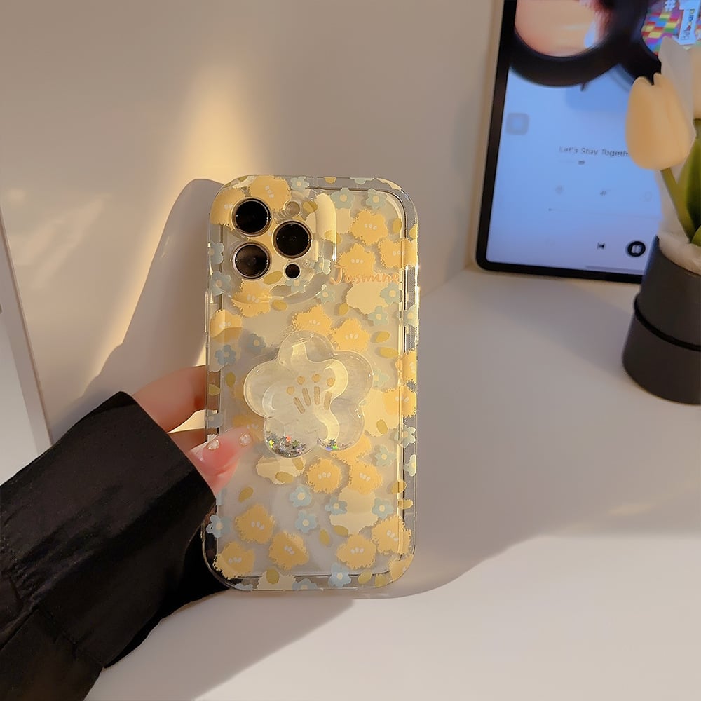 Floral Mobile Phone Case For iPhone 16/15/14/13/12/11 Series With Flower-shaped Quicksand Stand
