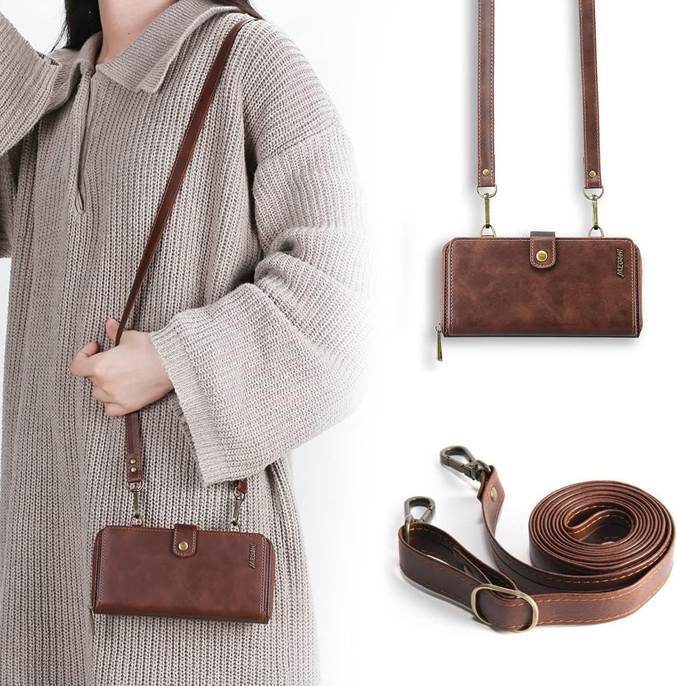 TwoHead for iPhone Wallet Case, Multi-Function Detachable 3 in 1 Magnetic Phone Case Wallet, Flip Strap Zipper Card Holder Phone Case with Shoulder Straps for iPhone