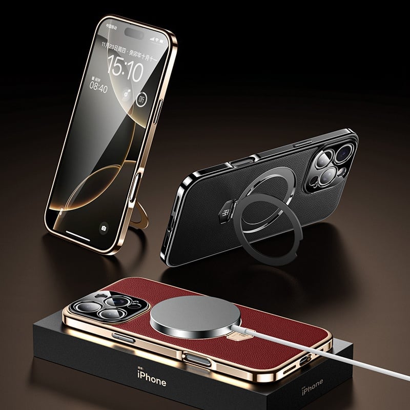 [17 Series Updated] Plain Leather Electroplated Magnetic Bracket Case